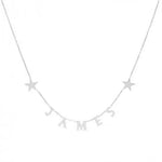 A minimalist silver name necklace featuring two small star pendants and letter charms spelling “JAMES” in the center. The design is simple and stylish, making it perfect for everyday wear or as a personalized gift.
