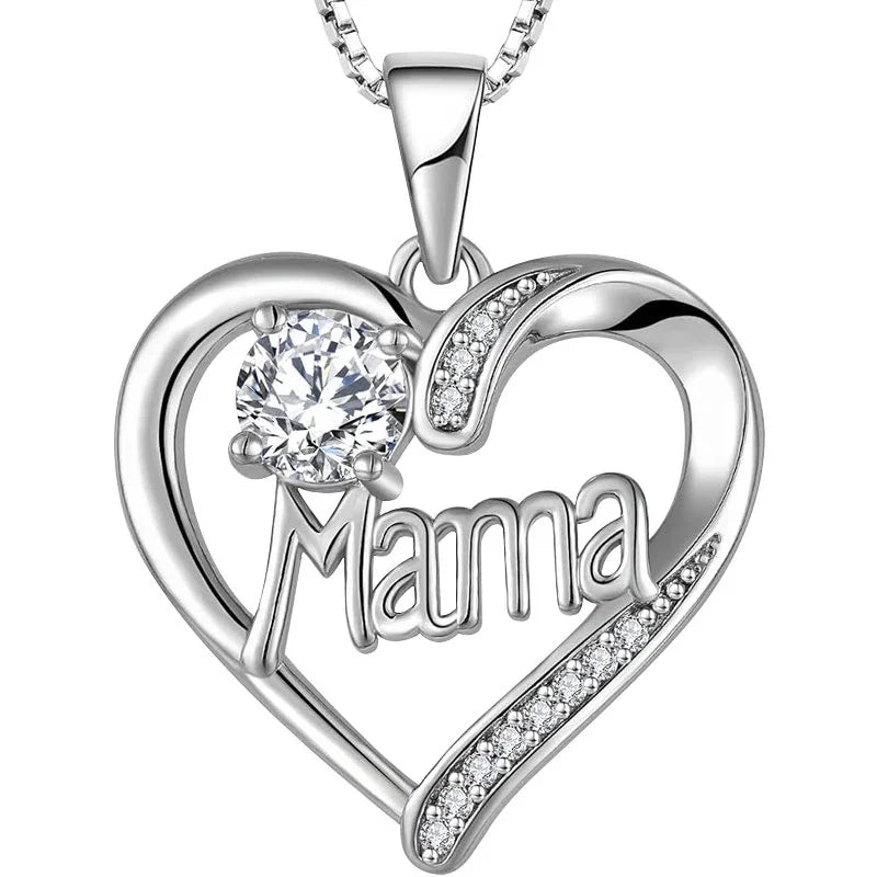 A silver heart-shaped necklace engraved with “Mama,” featuring a radiant birthstone at the center, symbolizing the warmth and eternity of a mother’s love.