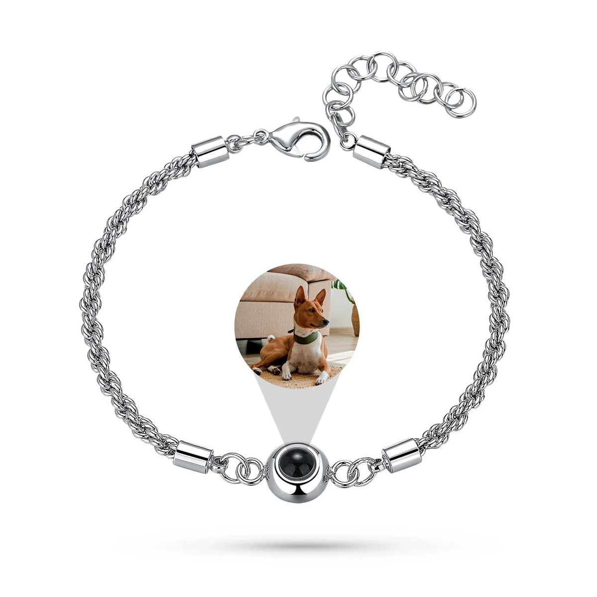 An 18k plated rope chain bracelet with an adjustable clasp and a custom photo pendant featuring a dog.