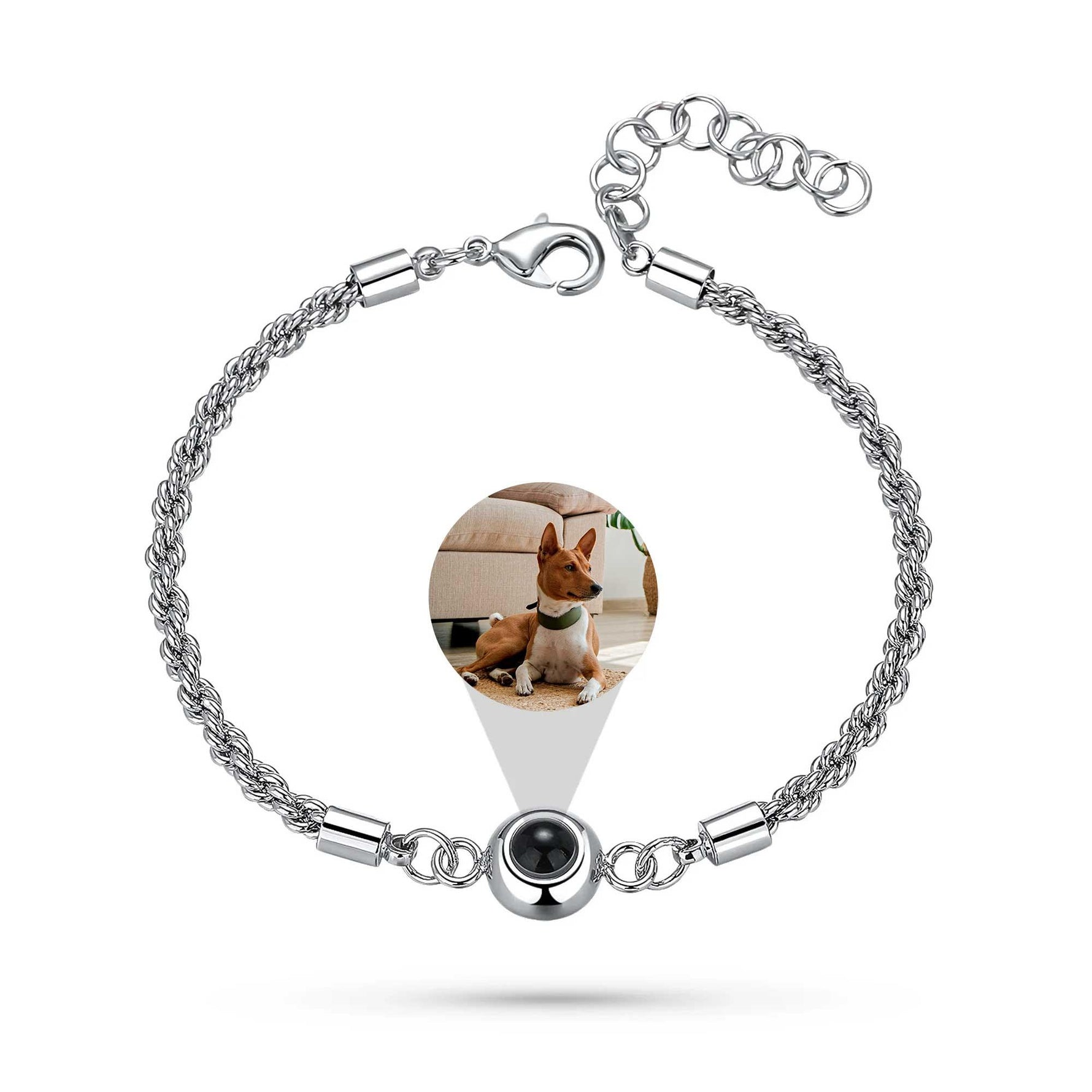 An 18k plated rope chain bracelet with an adjustable clasp and a custom photo pendant featuring a dog.