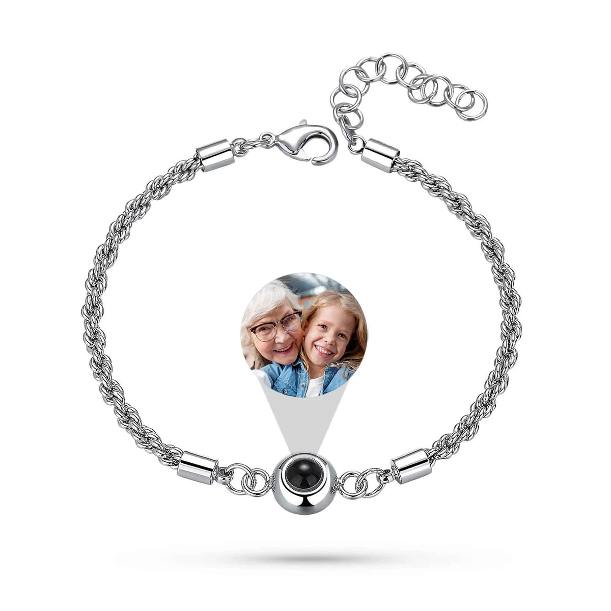 Silver bracelet with a photo charm featuring two people on a white background