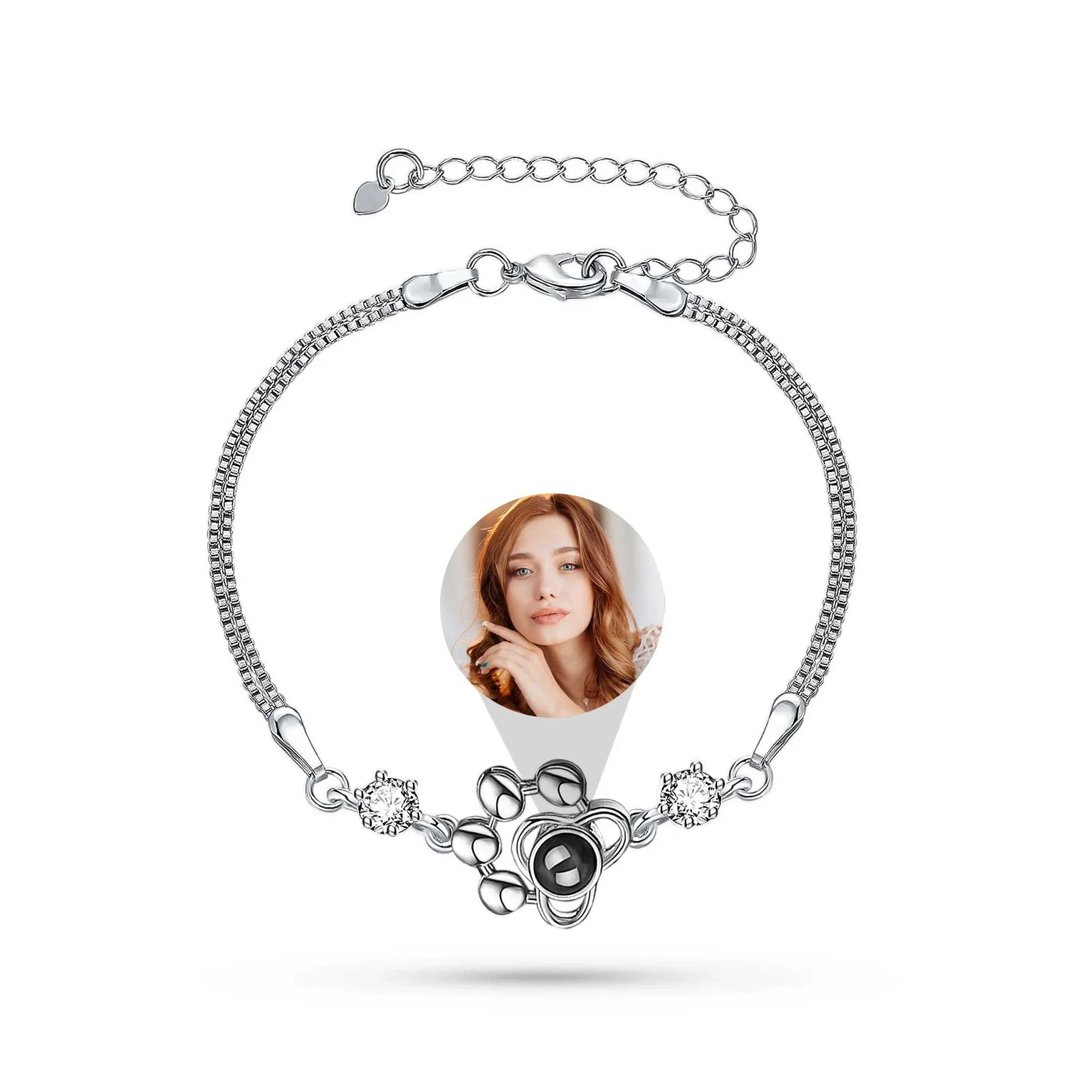 Silver bracelet with a photo charm featuring a person on a white background