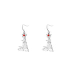 A pair of personalized dangle earrings featuring the name “Blanche” in elegant script, each topped with a star-shaped charm accented by a small red birthstone.