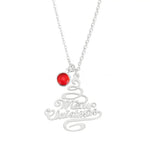 Silver Christmas tree-shaped pendant necklace with “Merry Christmas” text and a small round red gemstone charm, displayed on a white background.