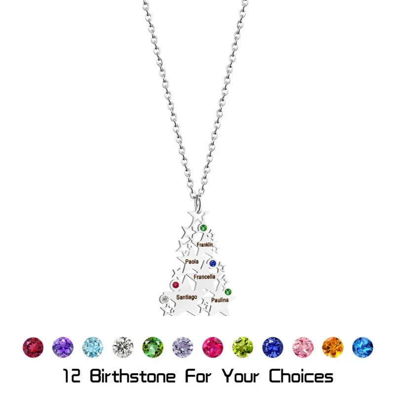 A silver necklace featuring a Christmas tree-shaped pendant made of layered stars, each engraved with names and adorned with colorful birthstones. 