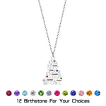 A silver necklace featuring a Christmas tree-shaped pendant made of layered stars, each engraved with names and adorned with colorful birthstones. 