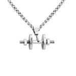 A stainless steel men’s necklace featuring a dumbbell-shaped pendant engraved with the name “Henry,” symbolizing strength, fitness, and personalized style.
