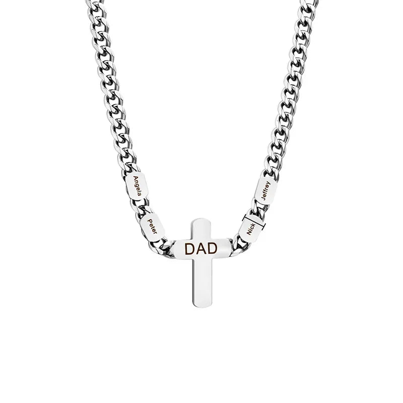 A stainless steel men’s necklace featuring a cross pendant engraved with “DAD” and multiple customizable name beads on each side, symbolizing family and love.