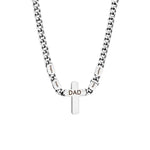 A stainless steel men’s necklace featuring a cross pendant engraved with “DAD” and multiple customizable name beads on each side, symbolizing family and love.
