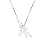 A stainless steel necklace featuring a “DAD” pendant with three personalized name charms — “Jerry,” “Jeanie,” and “Tawnee” — symbolizing family love and connection.