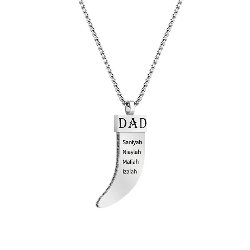Silver crescent horn-shaped men’s necklace with a “DAD” engraving on the top and four engraved names vertically listed on the pendant.