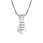 Silver tie-shaped necklace with “DAD” engraved on top and four names listed below.