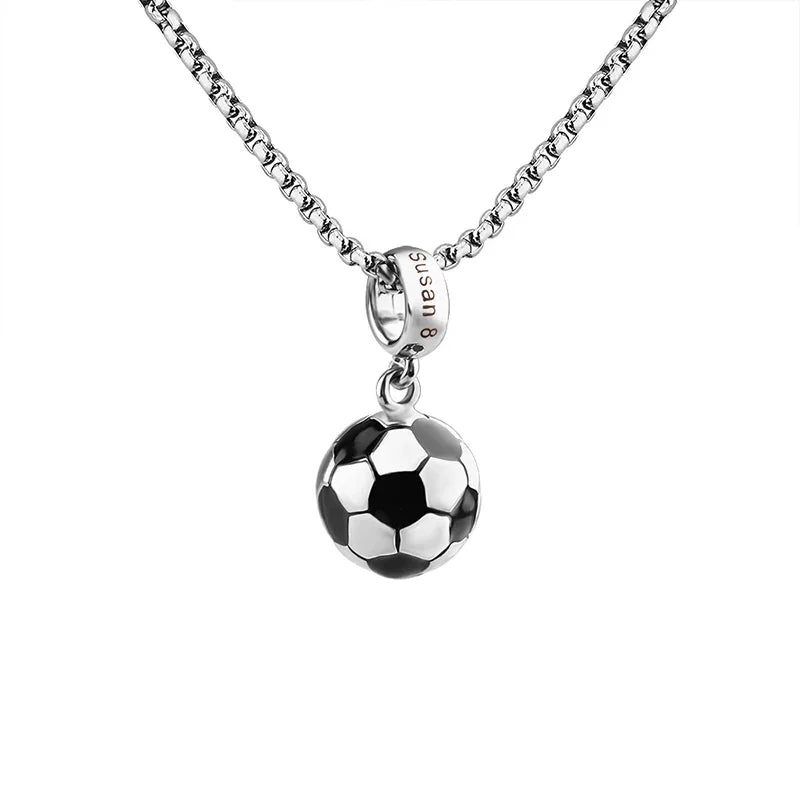 A stainless steel necklace featuring a realistic black-and-white soccer ball pendant with a circular ring engraved with the name “Susan” and the number “8,” symbolizing personalization and sporty style.