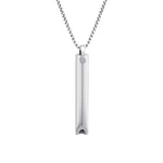 A sleek stainless steel necklace featuring a polished whistle-shaped pendant with a minimalist design, hanging from a fine chain, symbolizing modern style and personalization.