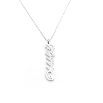 A silver vertical name necklace featuring a single pendant with cursive lettering that spells out a name, suspended from a delicate chain against a plain white background.