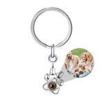 Keychain with a heart-shaped photo charm featuring a family with a dog on a white background