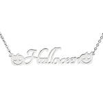 A silver necklace featuring the word "Halloween" in elegant cursive lettering, with two carved pumpkin faces—one on each side of the text—adding a festive Halloween touch. 