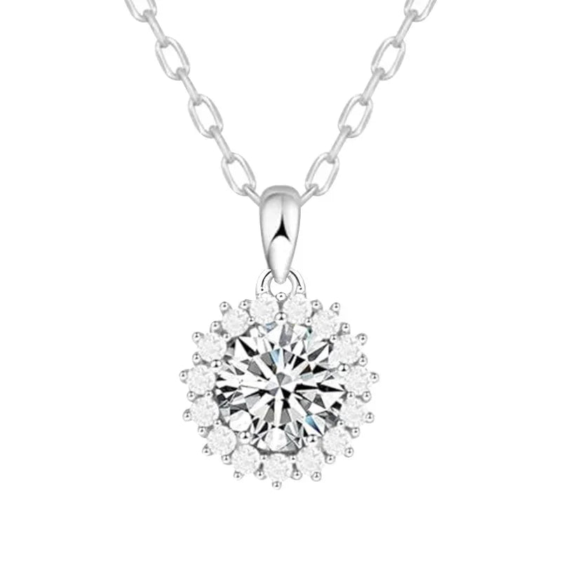Silver necklace with a diamond pendant on a white background