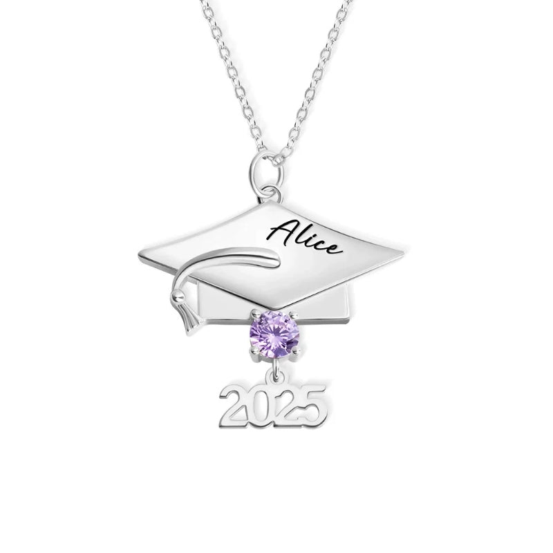 A silver graduation cap pendant necklace featuring the name ‘Alice,’ a light purple birthstone, and a dangling ‘2025’ charm