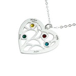 A heart-shaped silver necklace pendant with five colorful birthstones and engraved names arranged in a delicate openwork design.