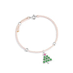 A delicate Christmas-themed bracelet featuring a braided white cord, accented with small silver beads, and a festive Christmas tree charm adorned with green and pink stones.