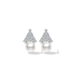 A pair of elegant Christmas tree–shaped earrings featuring sparkling crystal details, a small star on top, and a single round white pearl at the base, displayed on a clean white background.