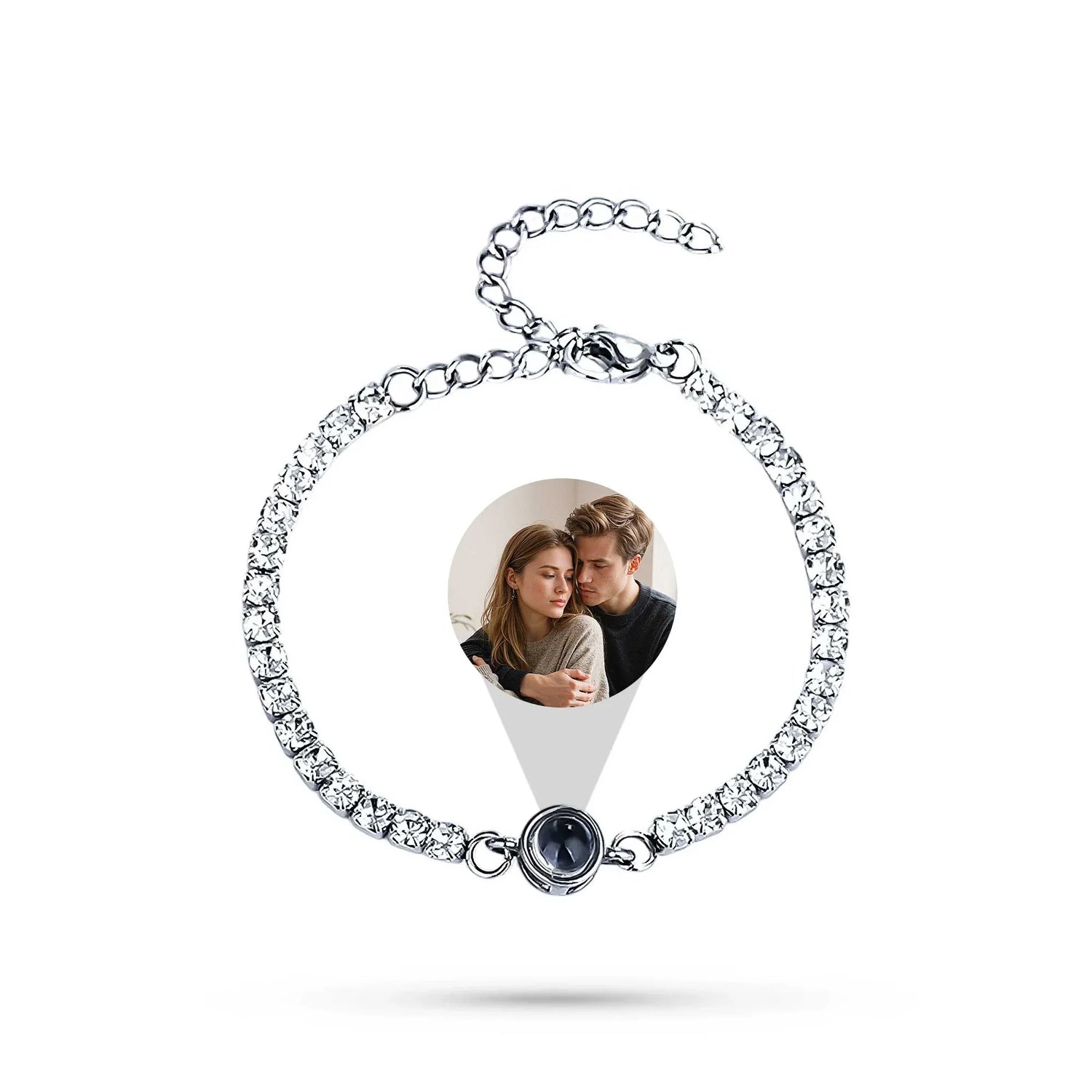 Bracelet with a photo charm featuring a couple, on a white background
