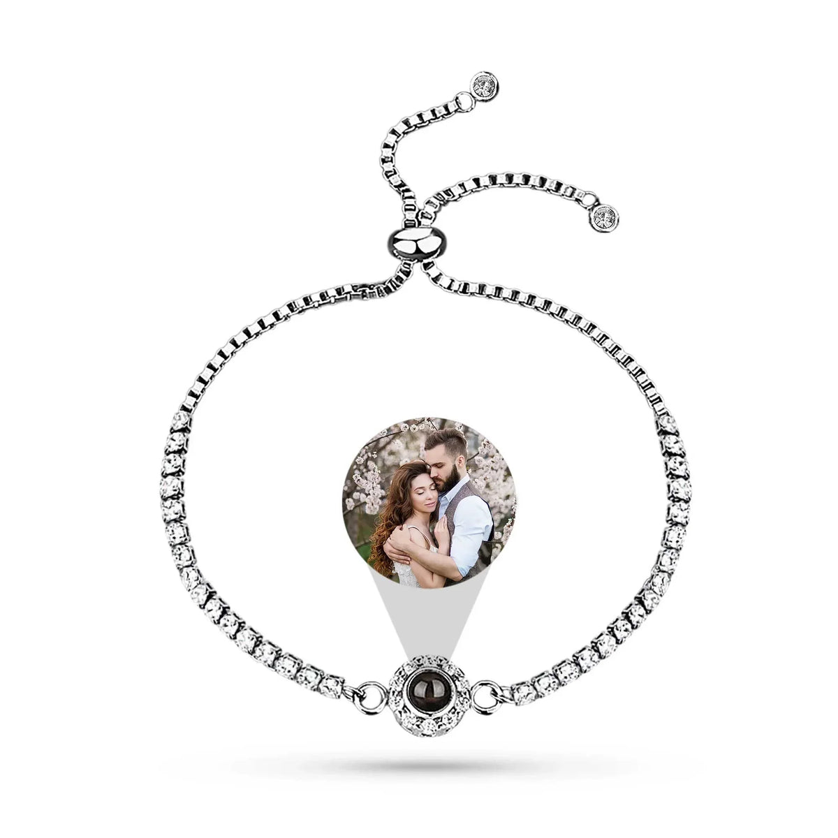 Bracelet with a photo charm featuring a couple on a white background