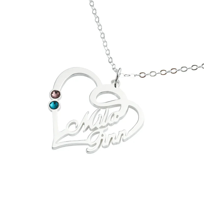 Heart-shaped personalized necklace with two birthstones and custom name design.