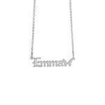 A customized silver name necklace featuring the word “Emma” in bold Old English-style lettering, with a delicate butterfly silhouette attached at the end, symbolizing elegance and transformation.