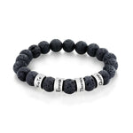 Black volcanic stone beaded bracelet with engraved silver name rings.