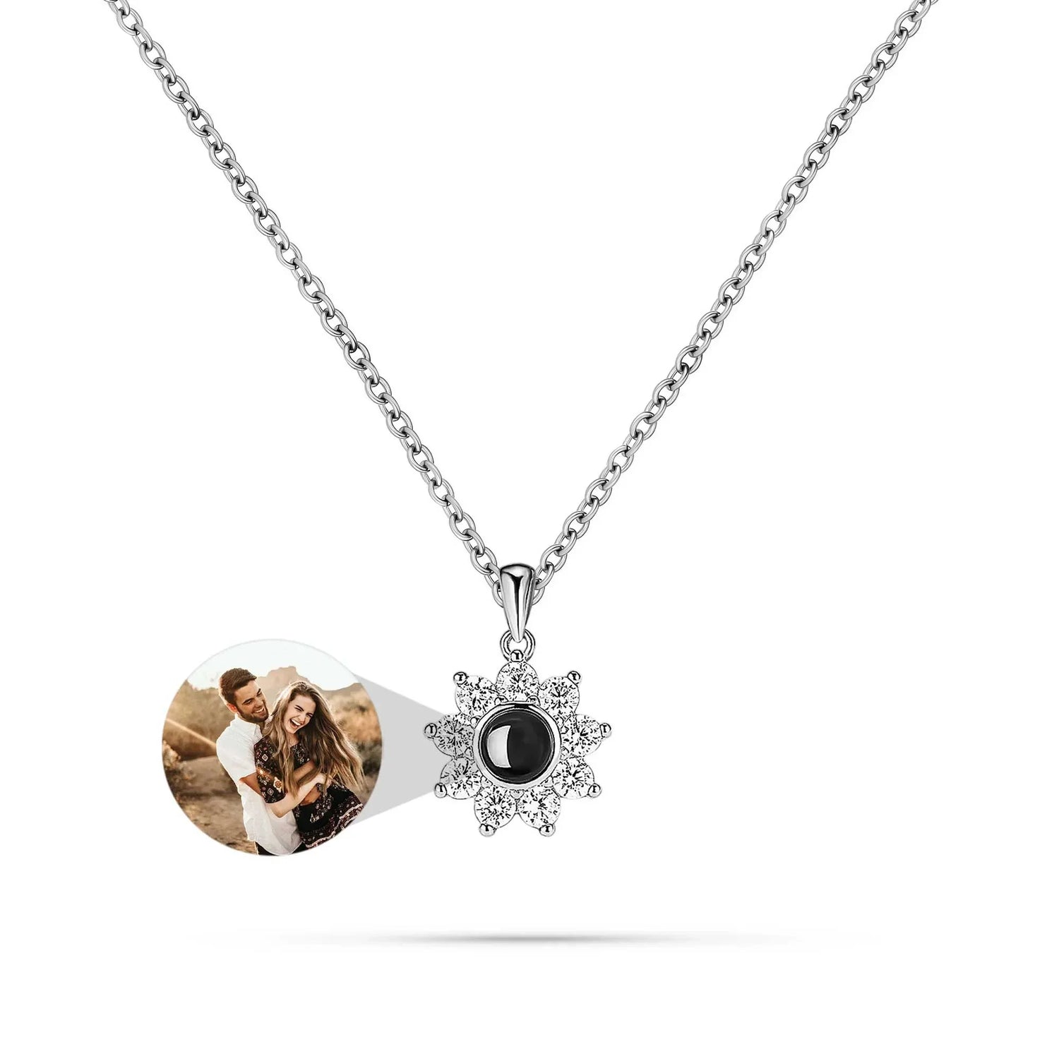 Necklace with a pendant featuring a photo of a couple on a white background