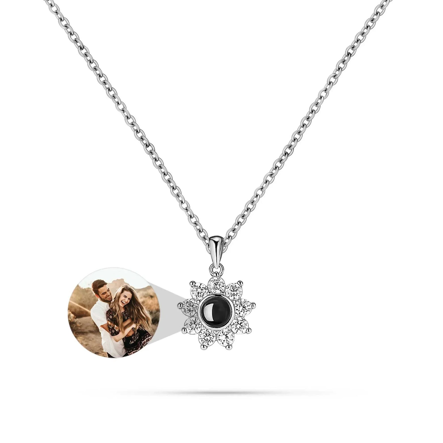 Necklace with a pendant featuring a photo of a couple on a white background