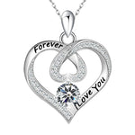 Silver heart-shaped pendant with 'Forever Love You' engraving on a white background