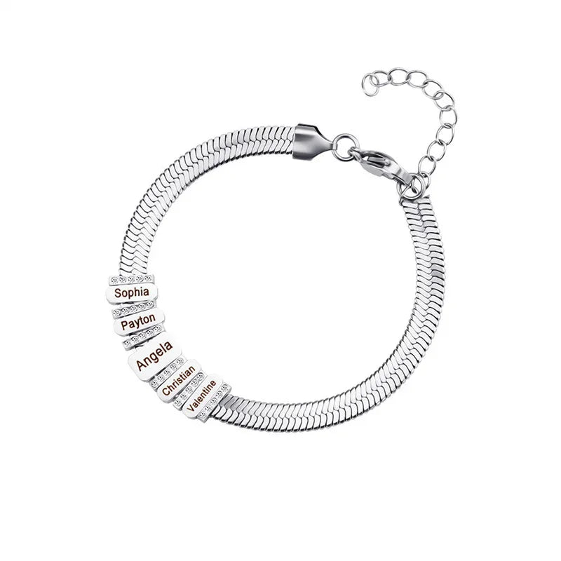An elegant men’s bracelet with a sleek silver snake chain and five customizable nameplate beads engraved with the names “Sophia,” “Payton,” “Angela,” “Christian,” and “Valentine.” Each bead is accented with small sparkling stones, and the bracelet features an adjustable clasp for a secure fit.