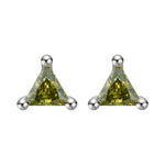 Pair of triangle-shaped green gemstone earrings with silver prongs on a white background
