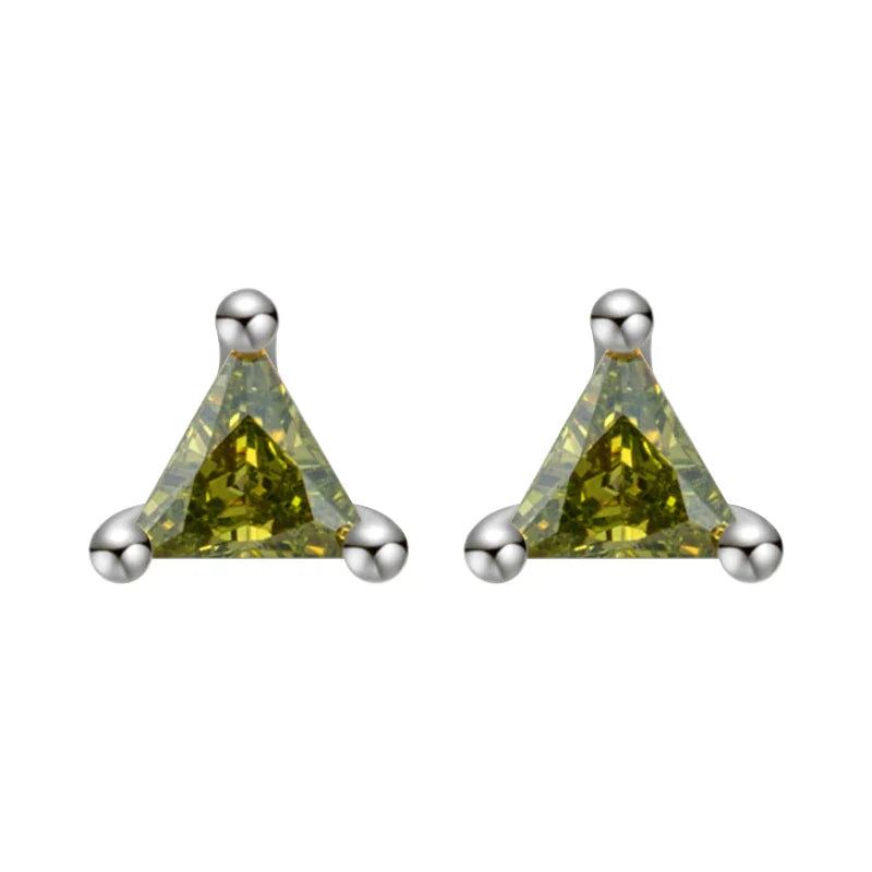 Pair of triangle-shaped green gemstone earrings with silver prongs on a white background