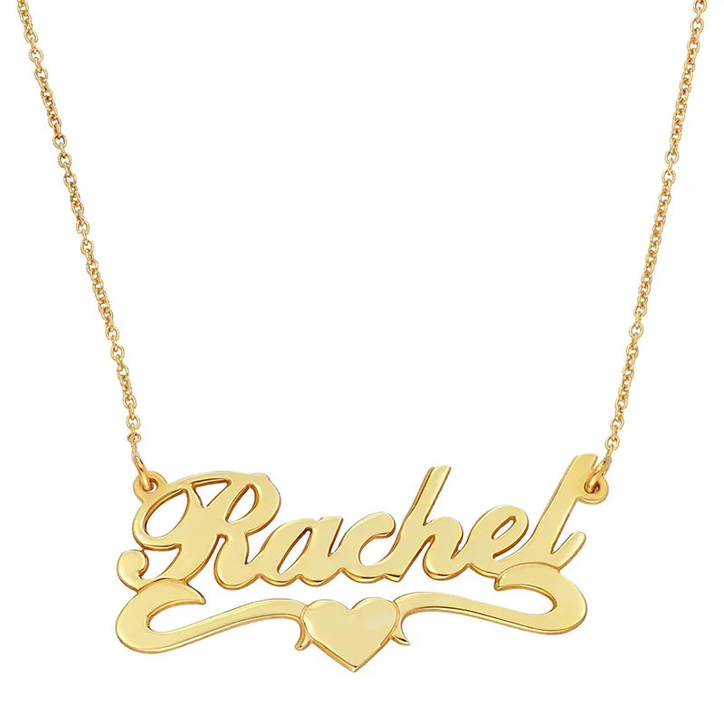 A silver personalized name necklace featuring the name “Rachel” in elegant script with an underline that forms a small heart at the center.