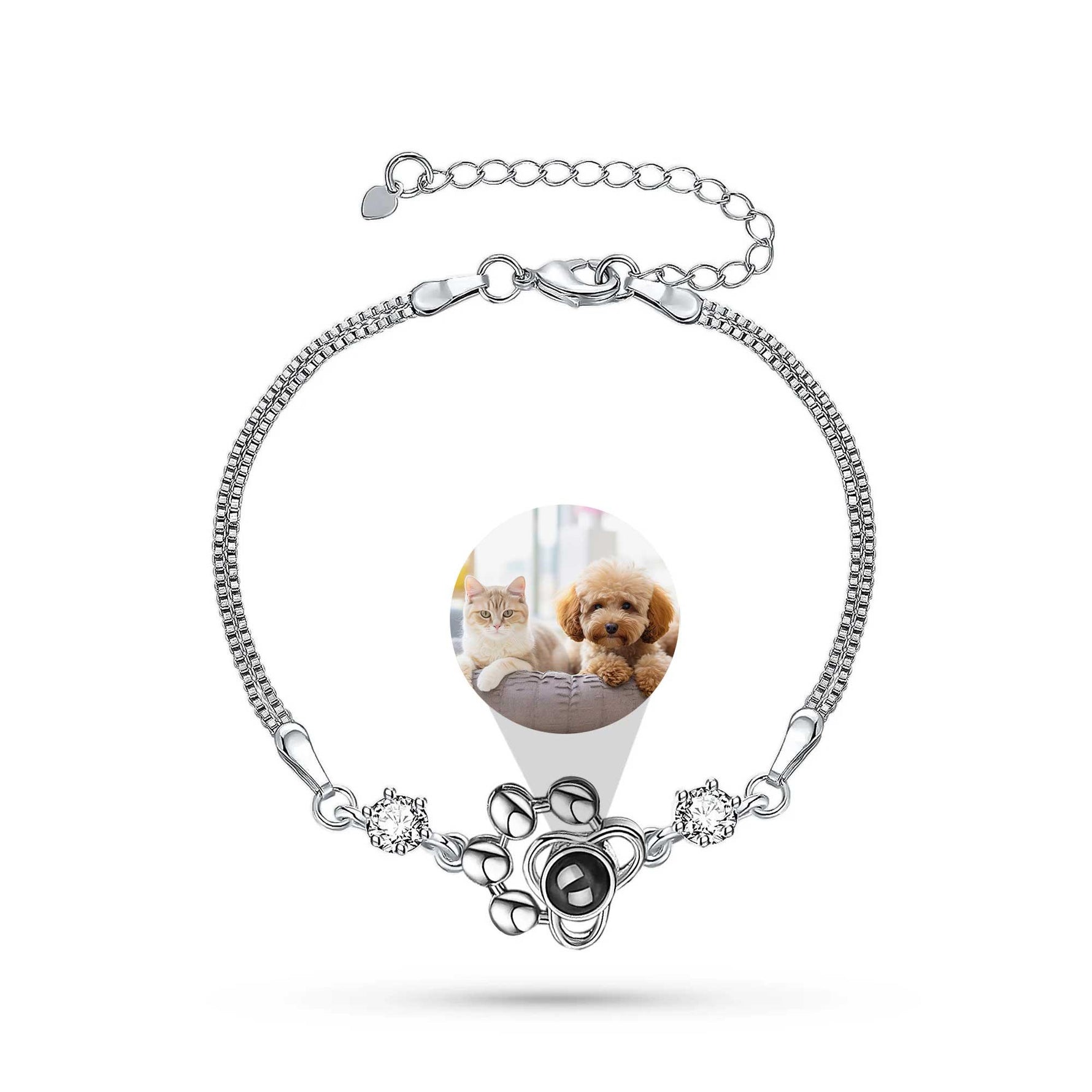 A silver tennis-style bracelet with a pawa.